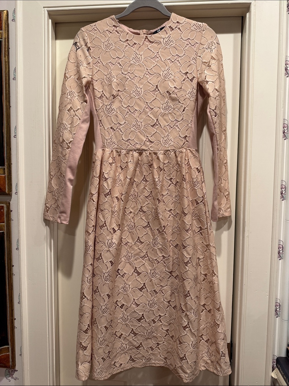 H&M Long-Sleeve Lace Fit-and-Flare Dress in Nude Blush
